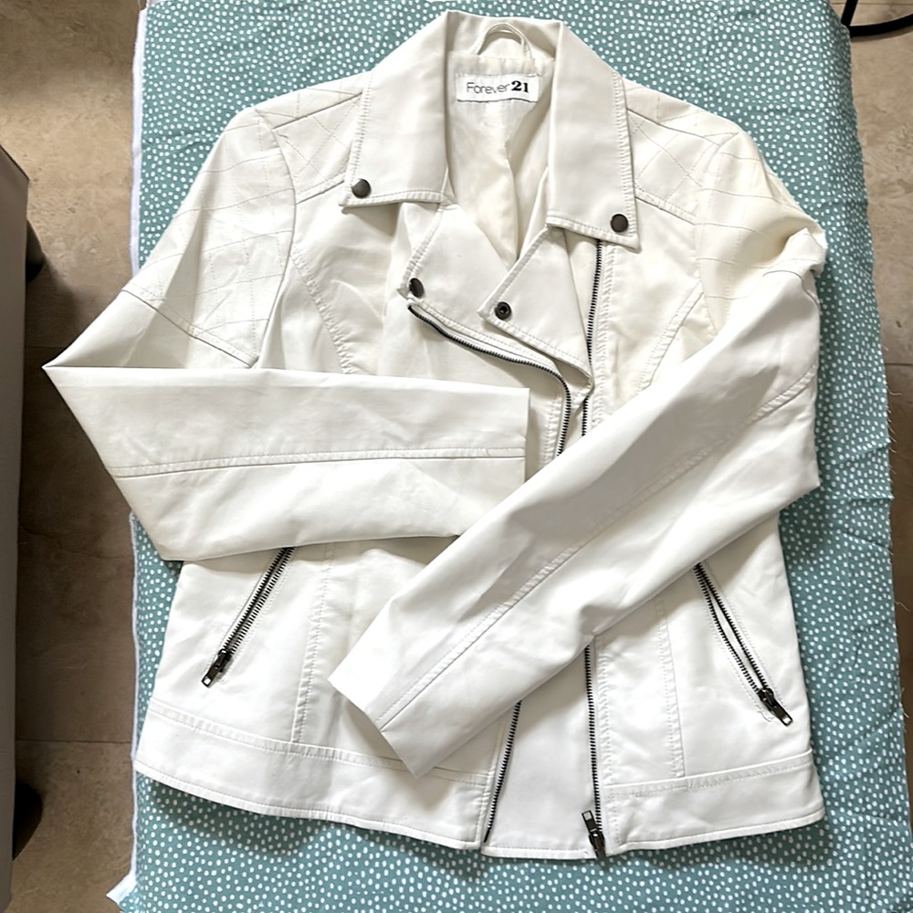 White Leather Faux Lined Moto jacket